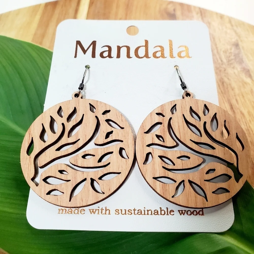 MANDALA Laser Cut Light Wood LG. Earrings Sterling Siver Bohemian Leaf NWT
